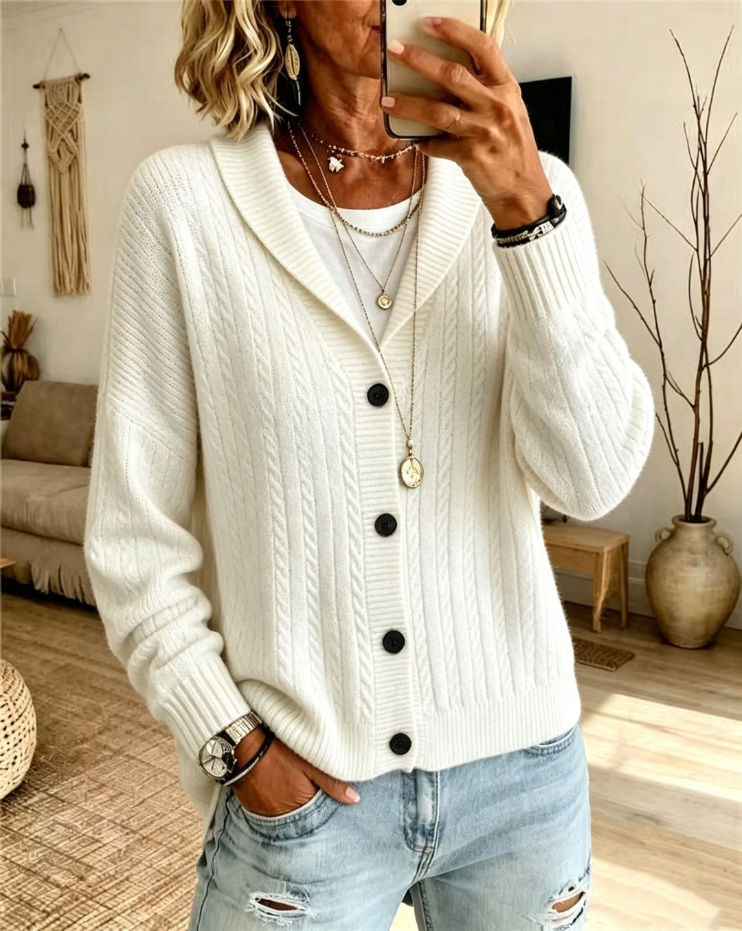 Damen Langer Schalkragen-Cardigan aus Zopfmuster mit gerippten Bündchen Shop Nory