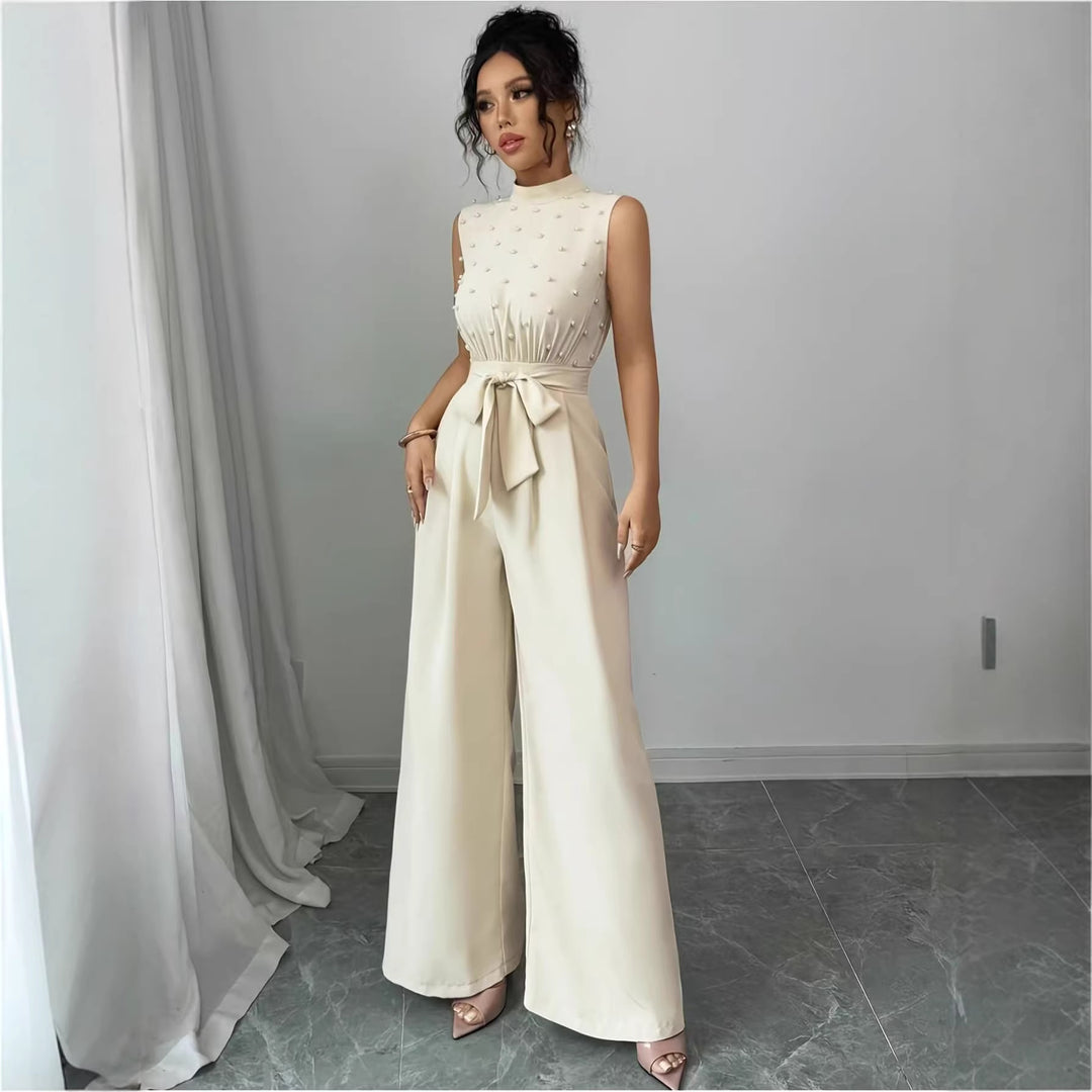 Damen Eleganter Jumpsuit mit Perlenbesatz, Stehkragen und weitem Palazzo-Bein Shop Nory