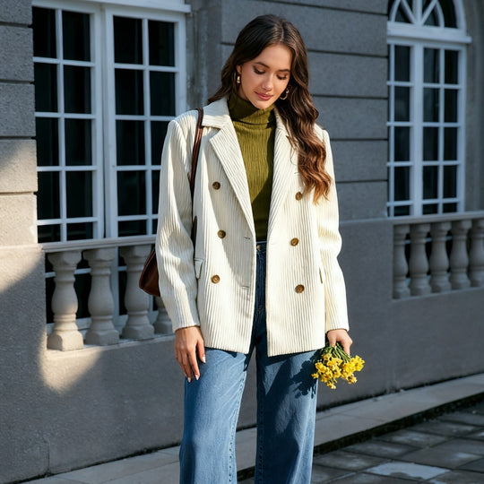 Damen Langer Cord-Blazer im Doppelreiher mit Reverskragen und Pattentaschen Shop Nory