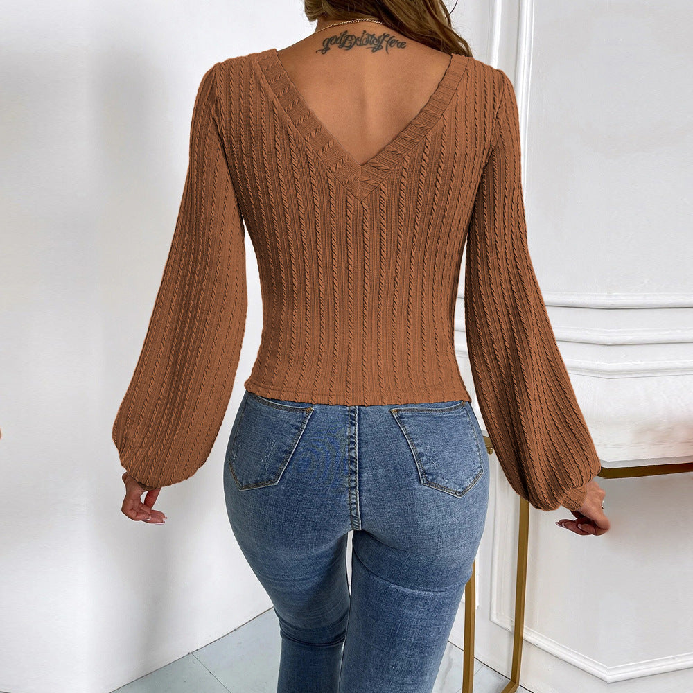 Damen figurbetontes Rippstrick-Bodyshirt mit V-Ausschnitt und Ballonärmeln Shop Nory