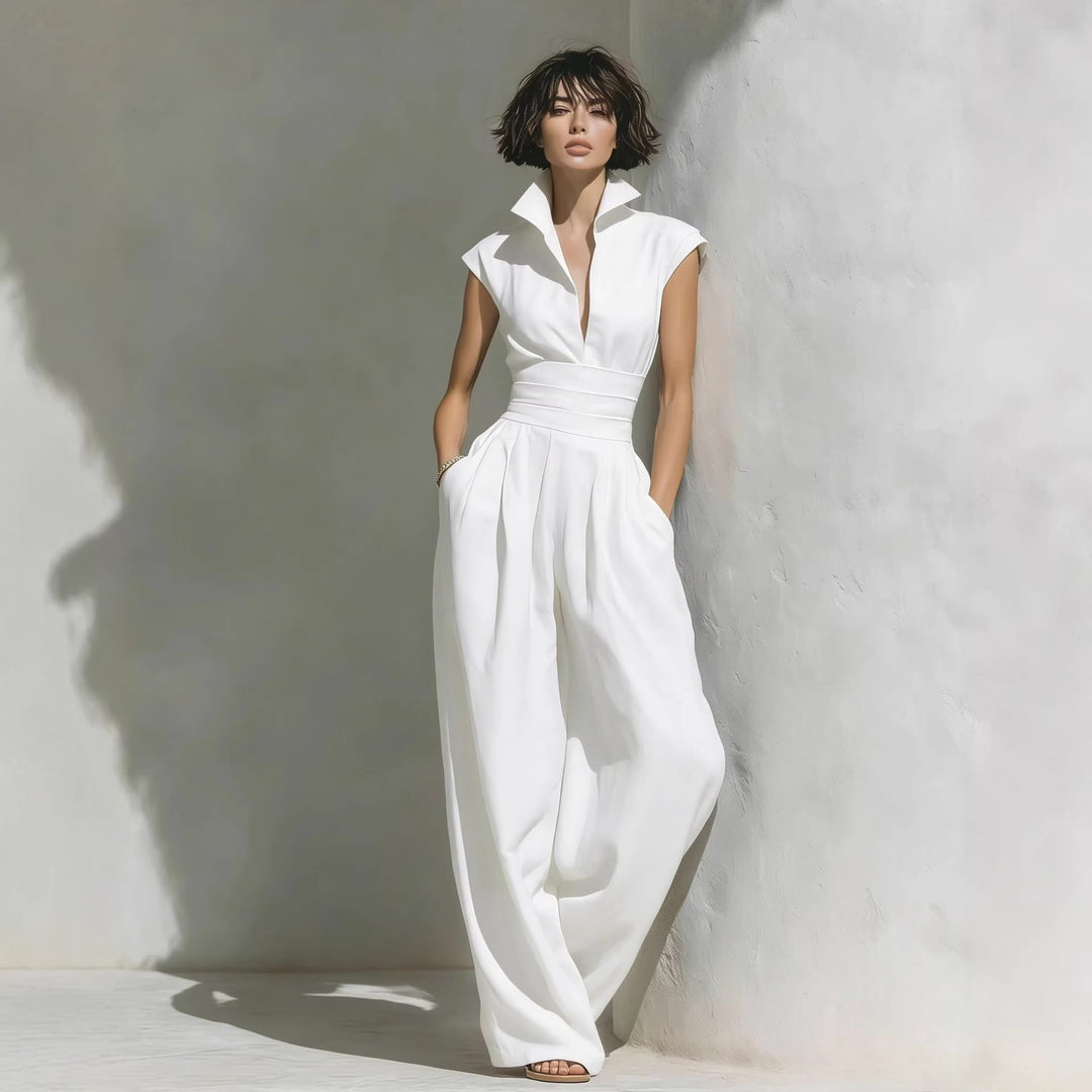 Damen Jumpsuit mit weitem Bein, tailliertem Wickelbund und Stehkragen Shop Nory