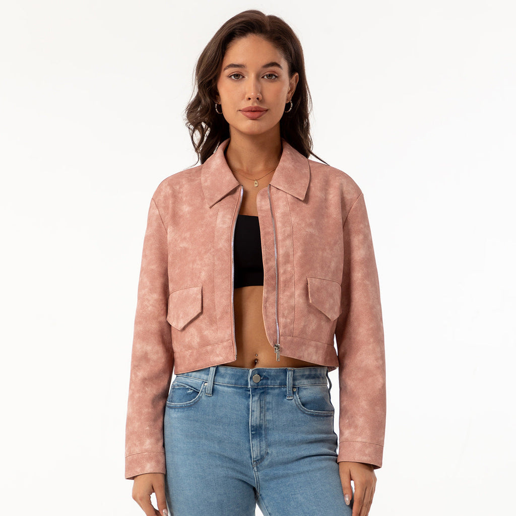 Damen modische cropped Kunstlederjacke mit klassischem Wellenkragen