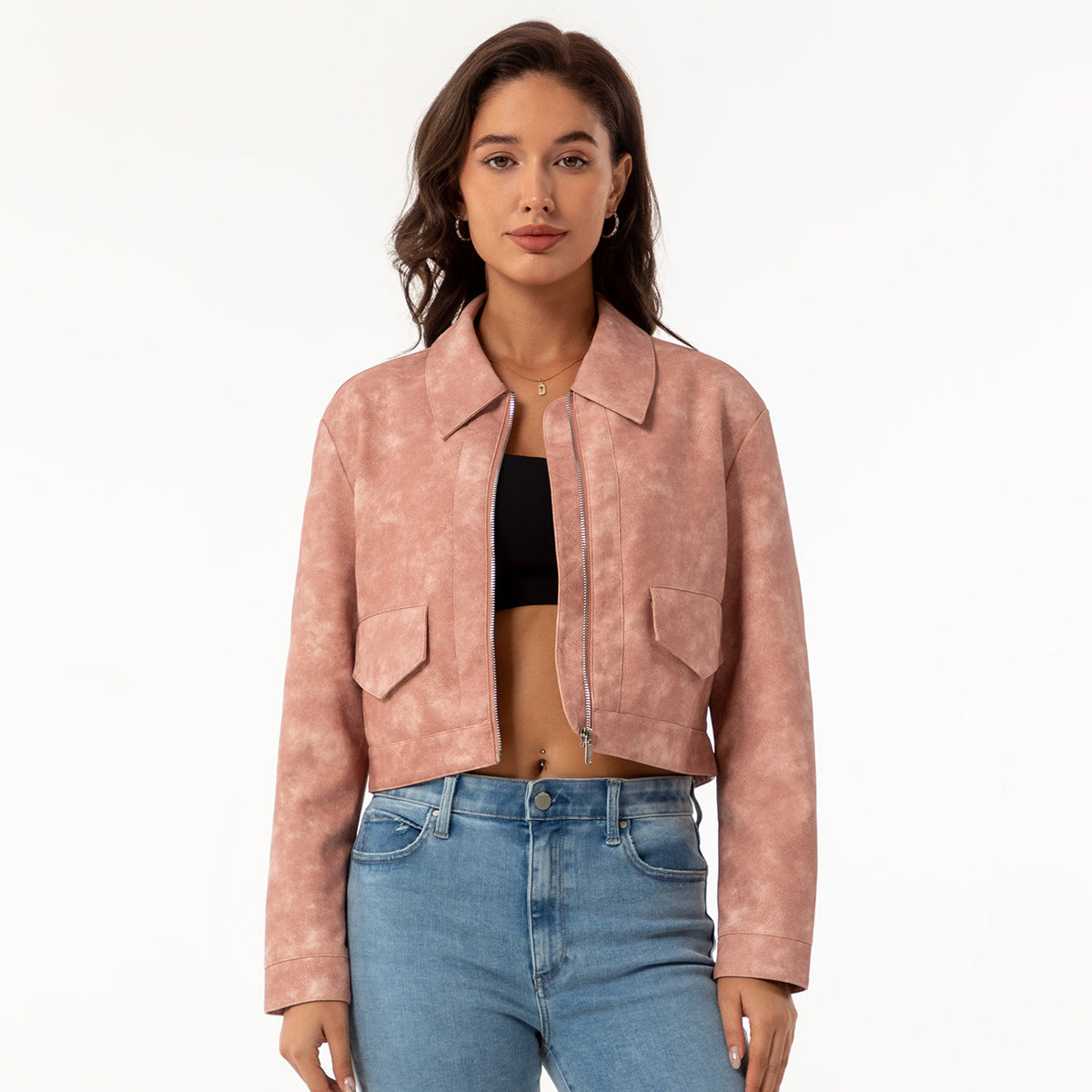 Damen modische cropped Kunstlederjacke mit klassischem Wellenkragen