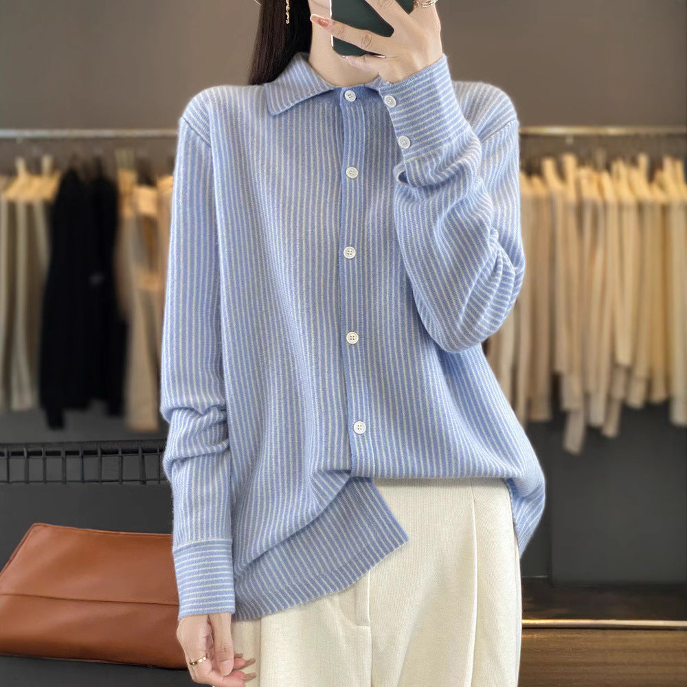 Damen Leichtes Feinstrick-Hemd mit Polokragen und feinen Längsstreifen Shop Nory