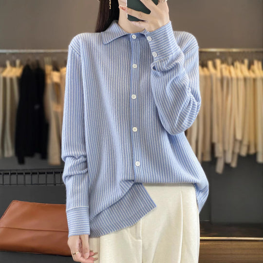 Damen Leichtes Feinstrick-Hemd mit Polokragen und feinen Längsstreifen Shop Nory
