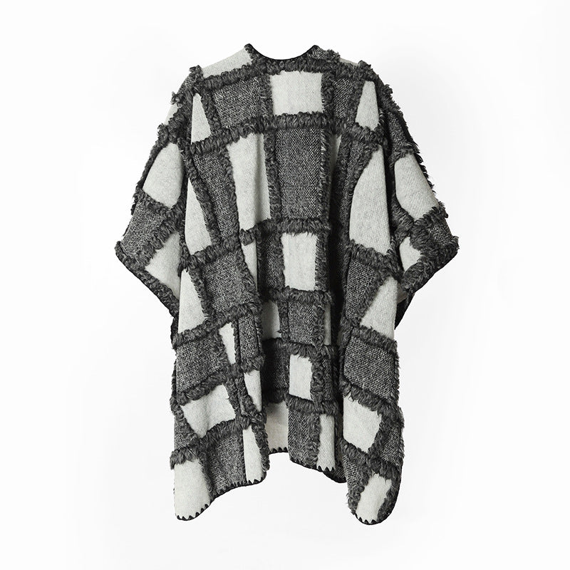 Damen Oversize-Cape aus Wollmix mit strukturierter Karo‑Jacquard‑Optik und offener Front Shop Nory
