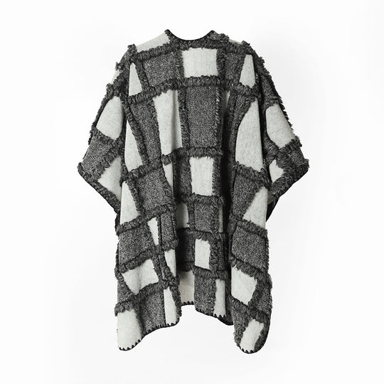 Damen Oversize-Cape aus Wollmix mit strukturierter Karo‑Jacquard‑Optik und offener Front Shop Nory