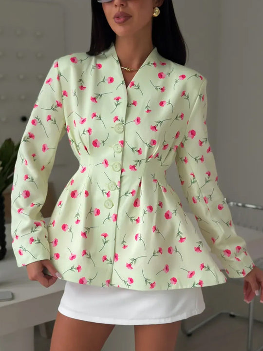 Damen Taillierter Blazer mit Schößchen, dekorativen Knöpfen und floralem Muster Shop Nory
