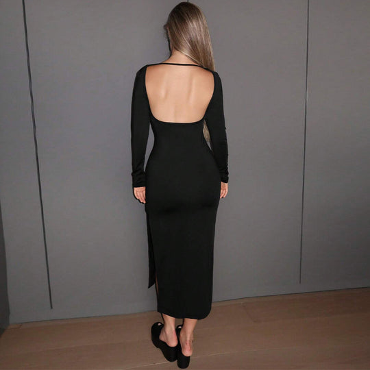 Damen langes figurbetontes Midikleid mit Boatneck, langen Ärmeln und seitlichem Beinschlitz Shop Nory