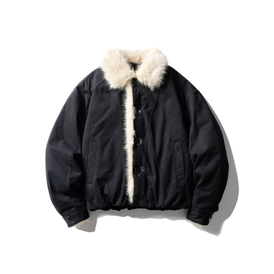 Unisex Kurz geschnittene Boxy-Bomberjacke mit Kunstfellbesatz und Knopfblende Shop Nory