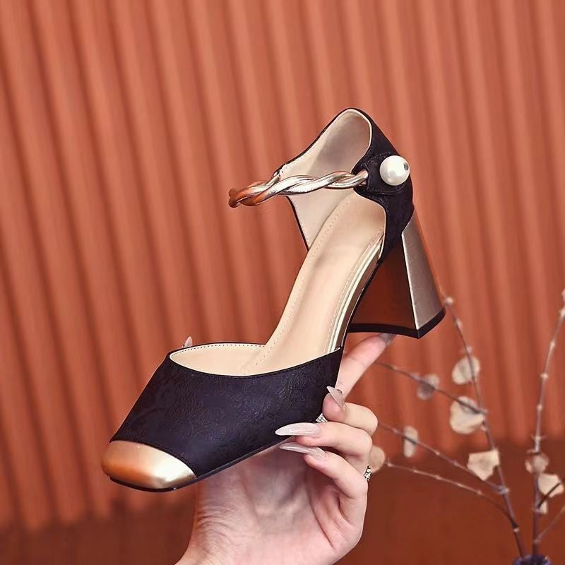 Damen nan elegante Slingback-Pumps mit quadratischer Zehenform, Jacquard-Obermaterial und gedrehtem Schmuckriemen