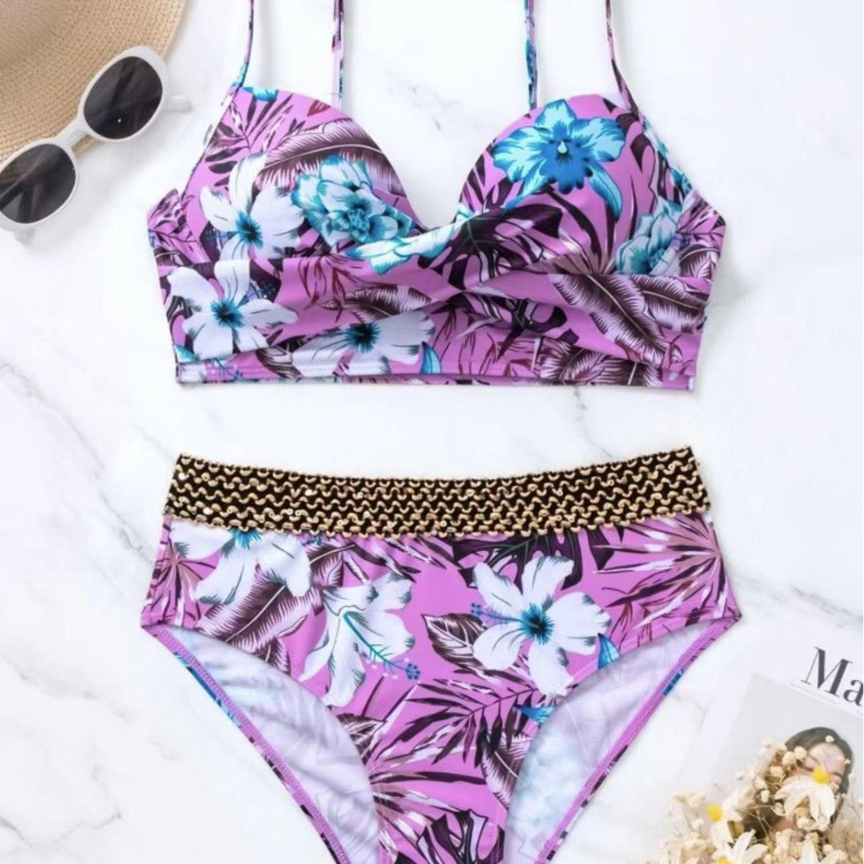 Damen Hochtaillierter Bikini mit floralem Oberteil Shopnory