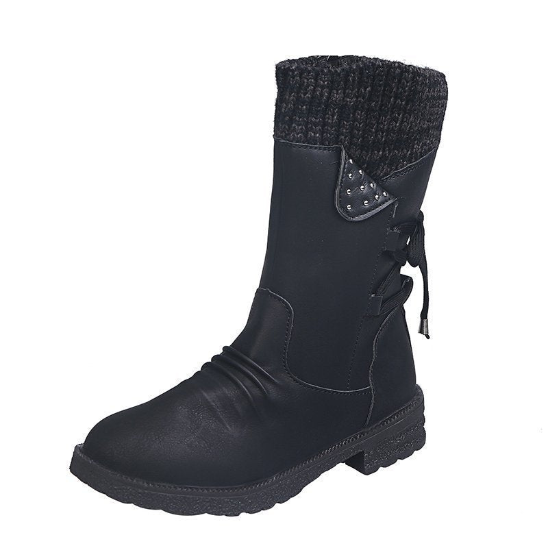 Damen Mid-Cut Stiefel mit Strickmanschette, Zierkordel und Veloursoptik Shop Nory