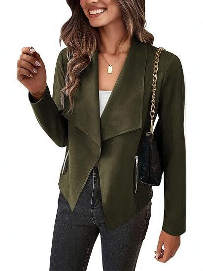 Damen Velourslederimitat-Wasserfallblazer mit asymmetrischem Saum und Reißverschlusstaschen Shop Nory