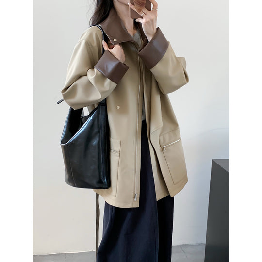 Damen Oversized Trenchcoat mit kontrastierenden Lederbesätzen und Reißverschluss Shop Nory