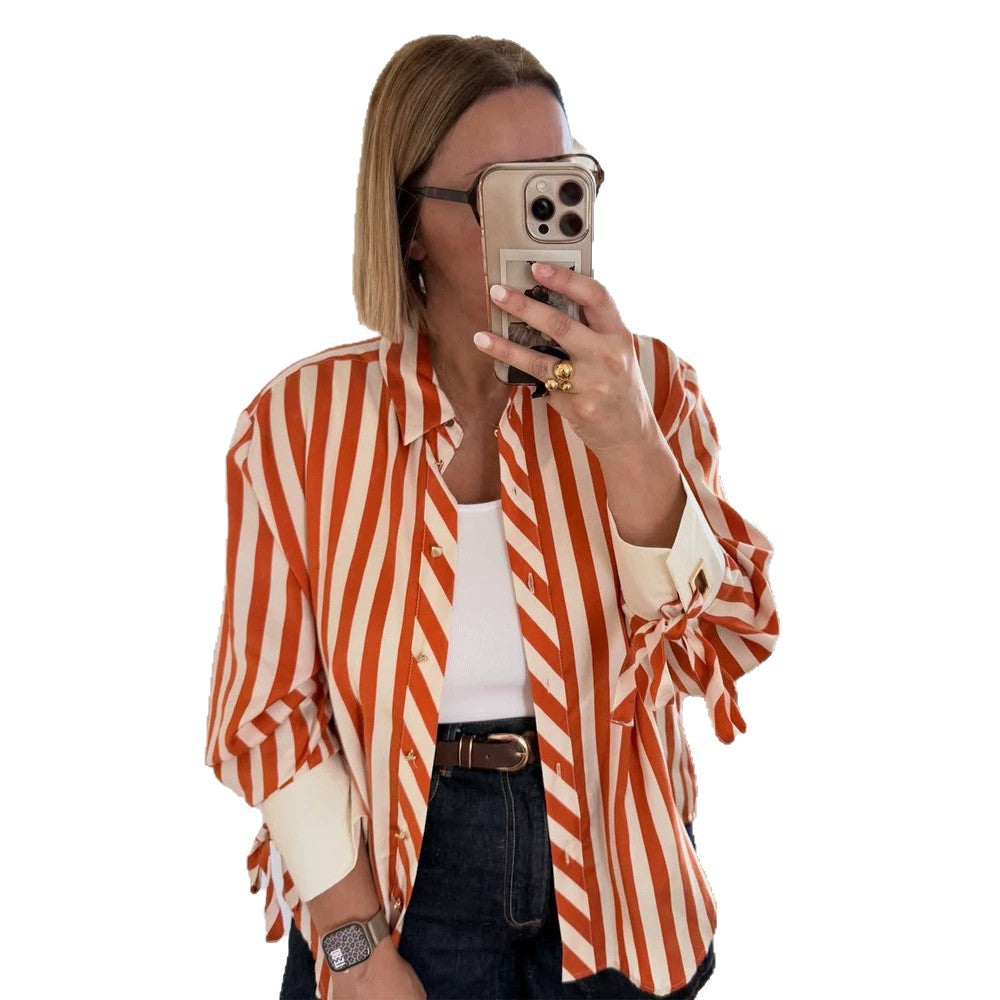 Damen Gestreifte Oversize-Hemdbluse mit Bindebändern an Ärmeln und verdeckter Knopfleiste Shop Nory