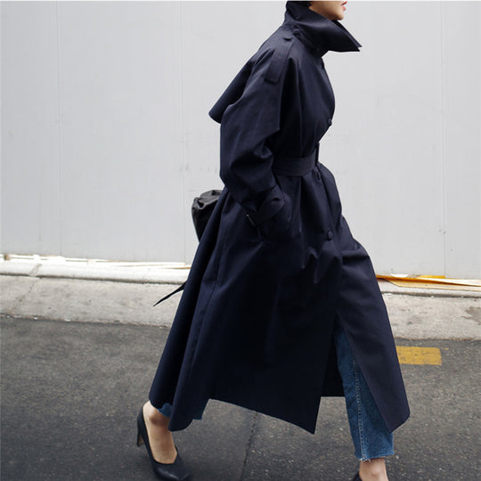 Damen Langgeschnittener Trenchcoat mit Taillengürtel und Stehkragen Shop Nory