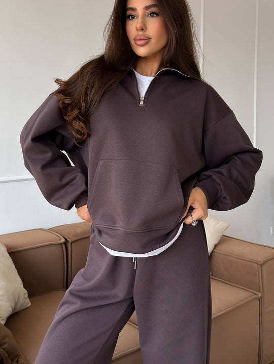 Damen Bequeme und elegante Langarm-Pullover mit Reißverschluss und weiten Jogginghose Shop Nory