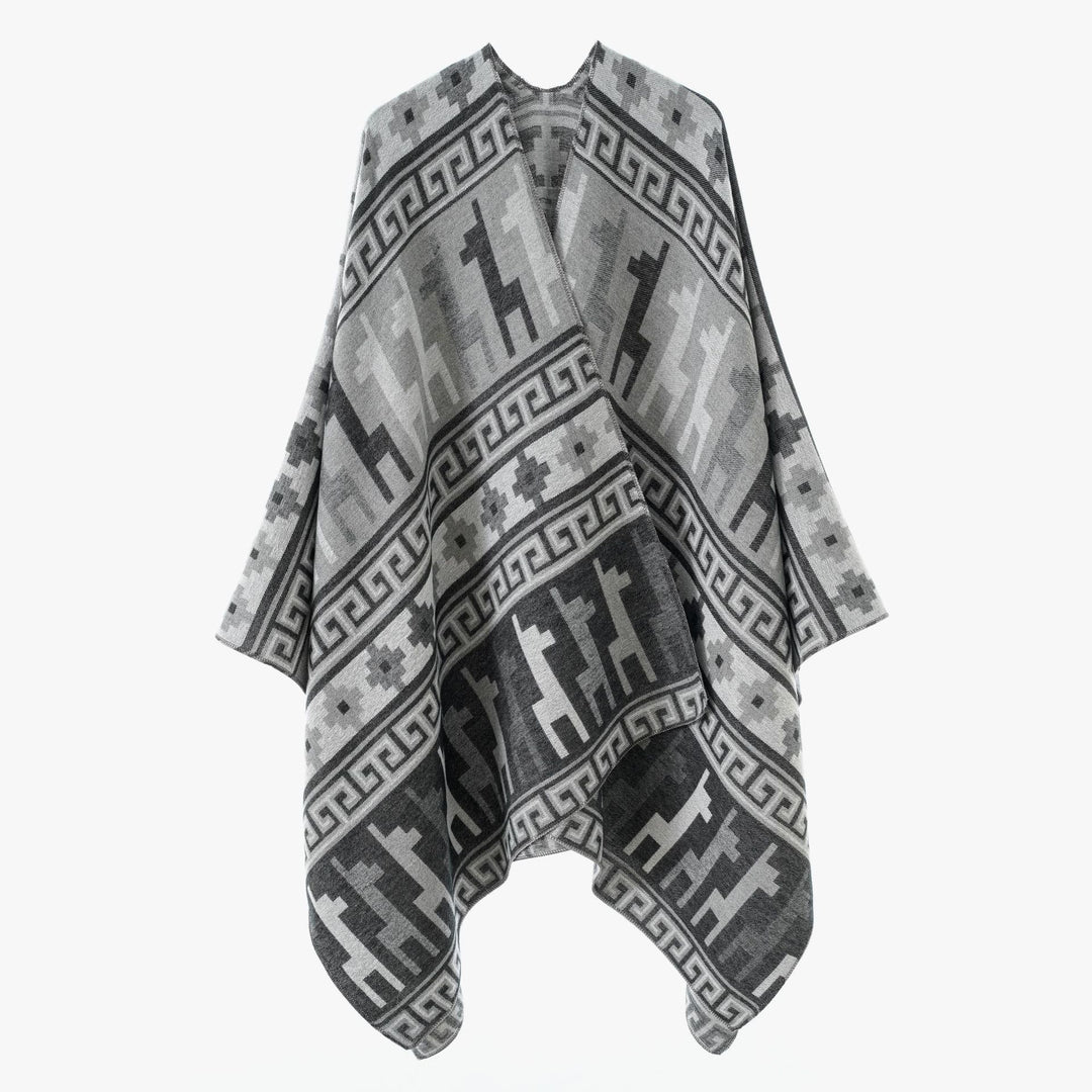 Damen Jacquard‑Strickponcho mit Ethno‑Tiermotiven und offenem Kimono‑Schnitt Shop Nory