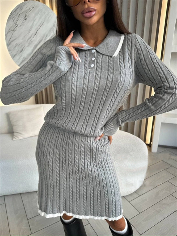 Damen Zweiteiliges Zopfstrick-Kleid mit Taillenbund und Polokragen Shop Nory