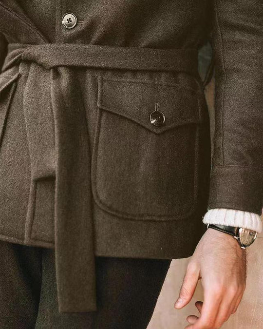 Herren multifunktionale Wool-Jacke mit Gürtel und Taschen