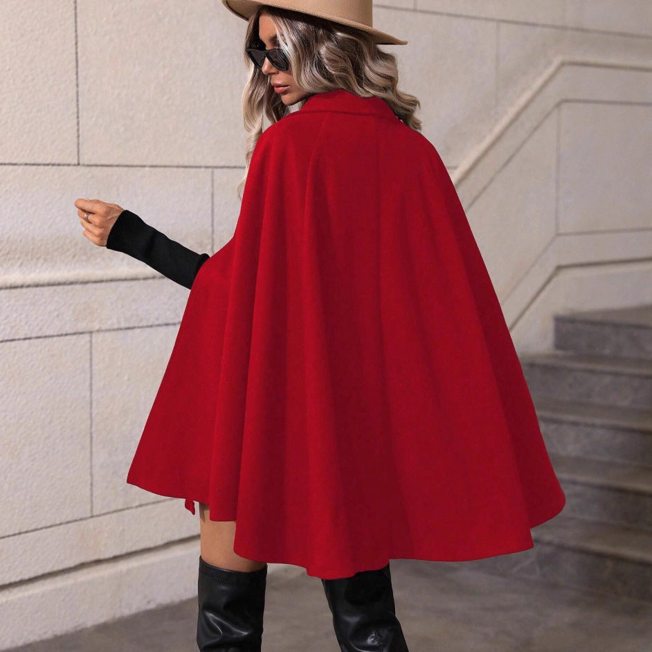 Damen Doppelreihiger Wollcape-Mantel mit Armöffnungen und Stehkragen Shop Nory