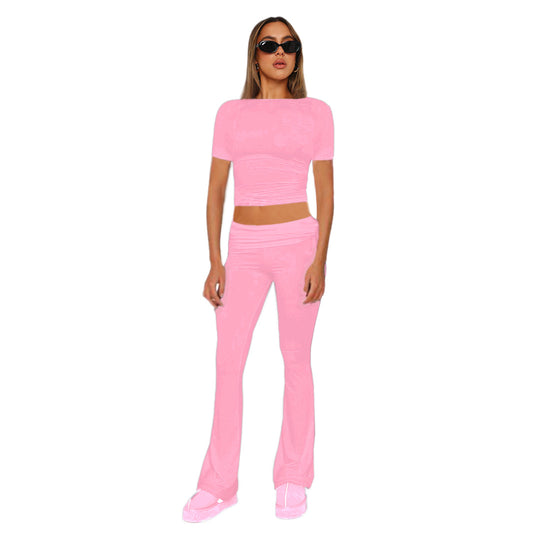 Figurbetonendes Damen-Crop-Set aus Stretch-Jersey mit hoch taillierten, ausgestellt Hosen Shop Nory