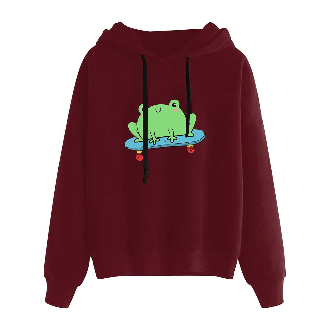Damen nan kurz geschnittener Cropped-Kapuzenpullover mit niedlicher Frosch-Illustration und verstellbarer Kapuze Shop Nory