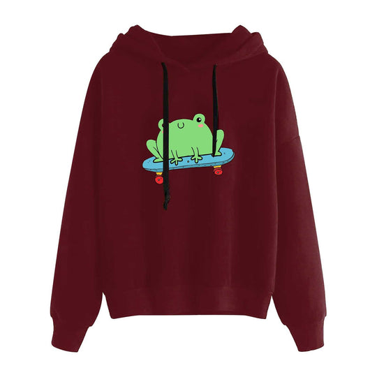 Damen nan kurz geschnittener Cropped-Kapuzenpullover mit niedlicher Frosch-Illustration und verstellbarer Kapuze Shop Nory