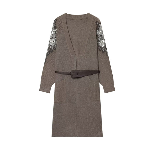 Damen Lange Strickmantel-Cardigan mit Taillengürtel und Paillettenärmeln Shop Nory