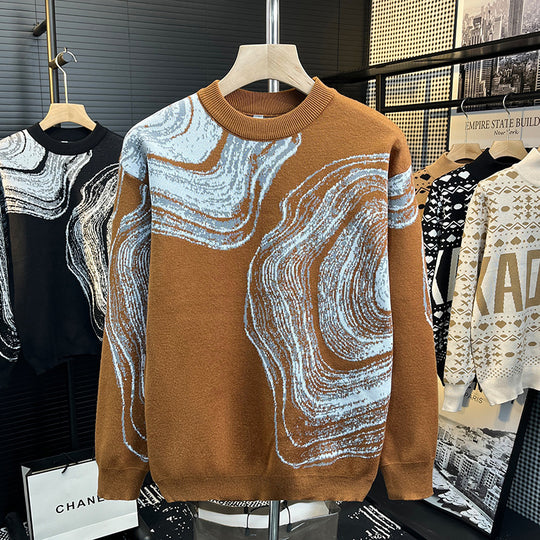 Herren Grobgestrickter Rundhalspullover mit abstraktem Marmor-Jacquard Shop Nory