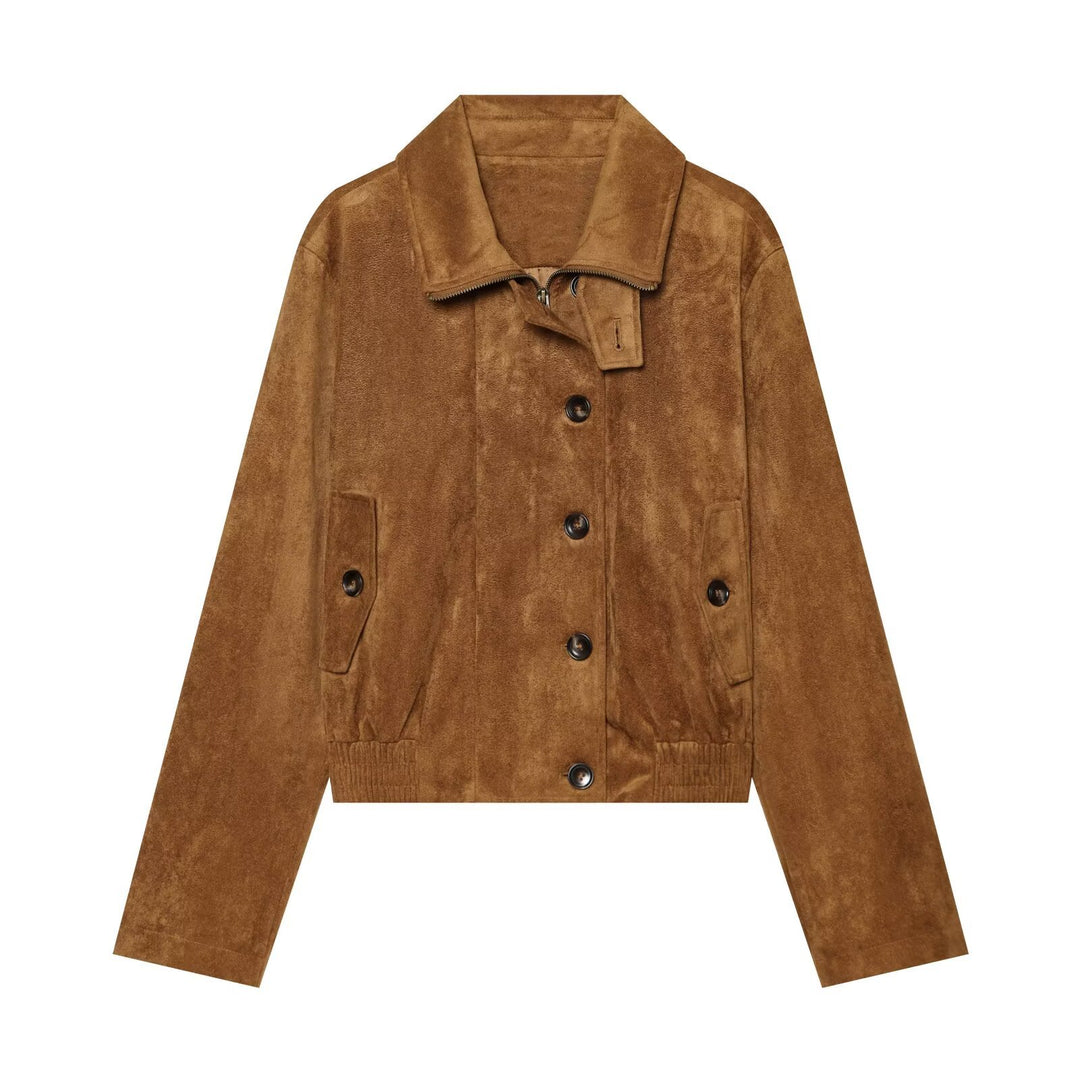 Damen Kurzblouson aus Velours‑Suede mit Knopfleiste, verdecktem Reißverschluss und elastischem Saum Shop Nory
