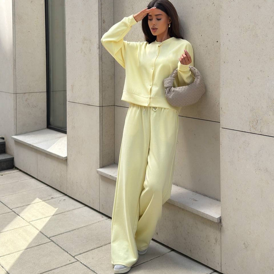 Damen Zweiteiliges Loungewear-Set mit verdeckter Druckknopf-Cardigan und weiten High-Waist Jogpants Shop Nory