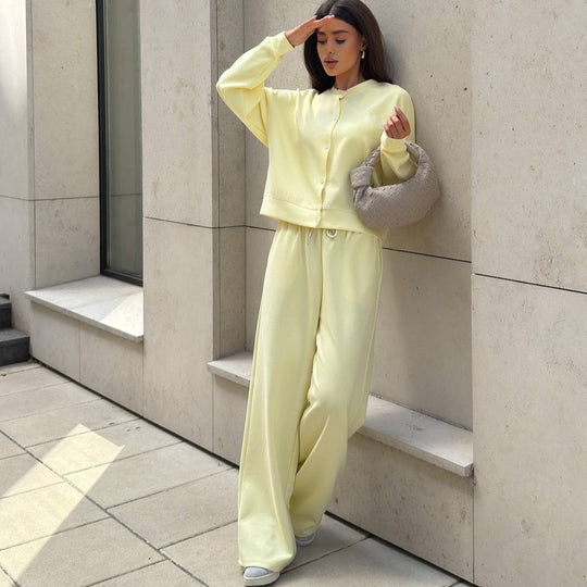 Damen Zweiteiliges Loungewear-Set mit verdeckter Druckknopf-Cardigan und weiten High-Waist Jogpants Shop Nory
