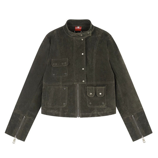 Damen kurze Wildleder-Utilityjacke mit Stehkragen, Mehrfachtaschen und Reißverschluss Shop Nory