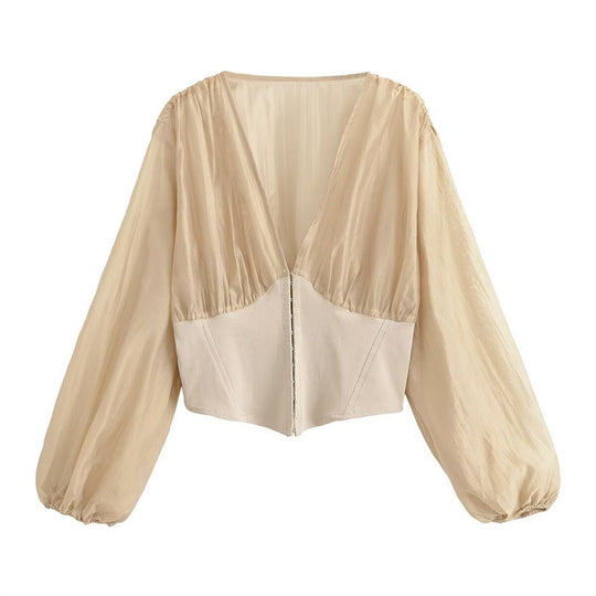 Damen Cropped Chiffon-Bluse mit tiefem V-Ausschnitt und tailliertem Korsettbund Shop Nory