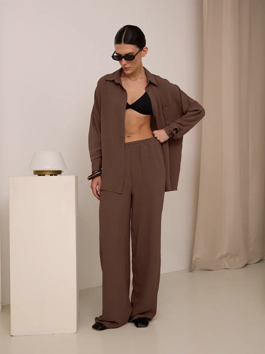 Damen Zweiteiliges Lounge-Set Oversize-Bluse mit Brusttasche und weiter Palazzo-Hose Shop Nory