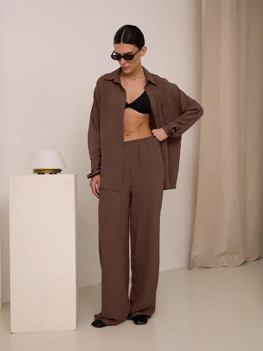 Damen Zweiteiliges Lounge-Set Oversize-Bluse mit Brusttasche und weiter Palazzo-Hose Shop Nory