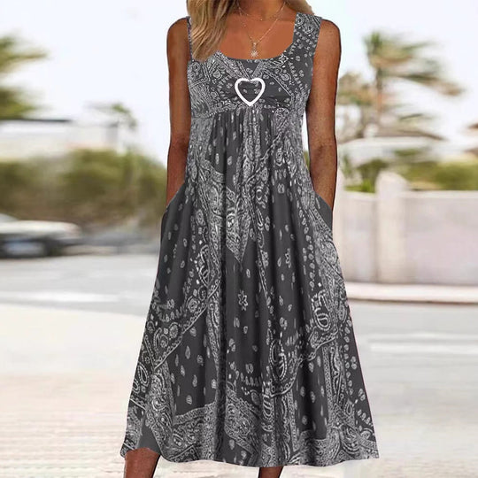 Damen nan luftiges Maxi-Kleid mit Paisley-Bandana-Print, geraffter Empire-Taille und praktischen Seitentaschen