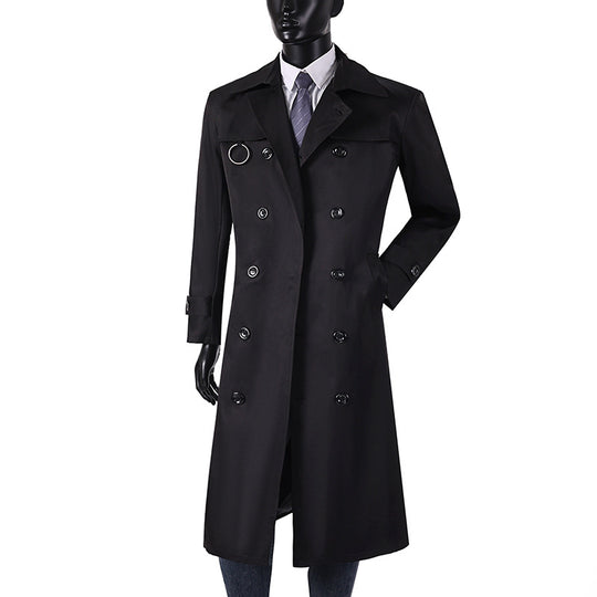 Herren Doppelreihiger Trenchcoat mit Taillierung, Reverskragen und dekorativem Metallring Shop Nory