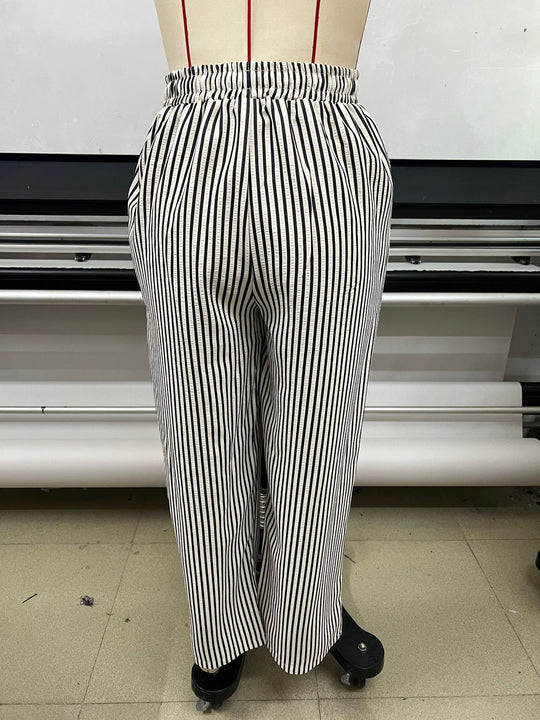 Damen Weite Highwaist-Hose mit Tunnelzug Streifen-Leinenoptik und Eingrifftaschen Shop Nory