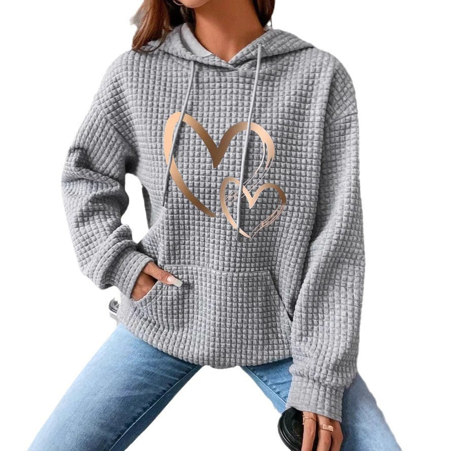 Damen Kapuzenpullover mit Waffelstruktur, Kängurutasche und Metallic-Herzprint Shop Nory
