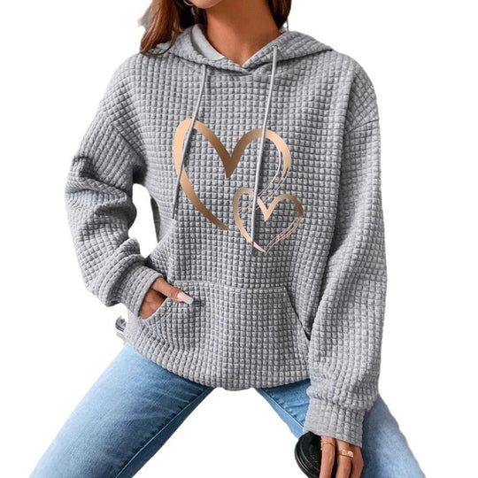 Damen Kapuzenpullover mit Waffelstruktur, Kängurutasche und Metallic-Herzprint Shop Nory