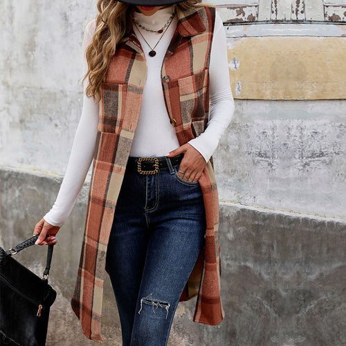 Damen Langer Karo-Weste mit Taschen Shop Nory