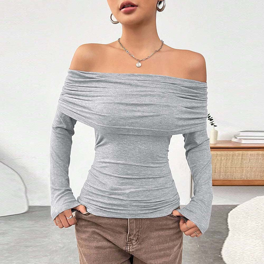 Damen eng anliegendes Off-Shoulder Rippstrick-Longsleeve mit gerafftem Wasserfall-Ausschnitt und Daumenloch Shop Nory