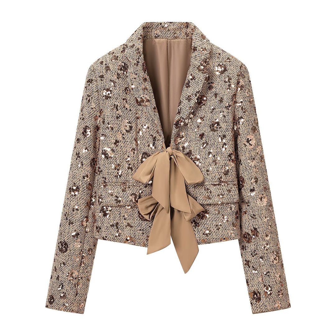 Damen Kurzblazer aus Tweed mit Paillettenbesatz und Schleifenverschluss Shop Nory