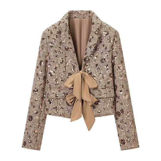 Damen Kurzblazer aus Tweed mit Paillettenbesatz und Schleifenverschluss Shop Nory