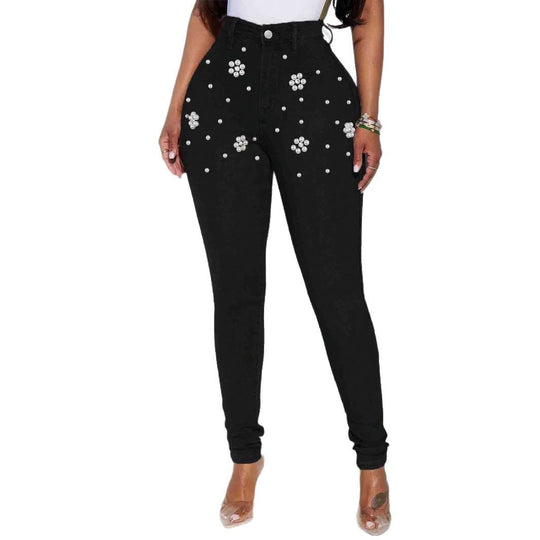 Damen Hochtaillierte Skinny-Jeans mit Perlen- und Kristallblütenverzierung Shop Nory
