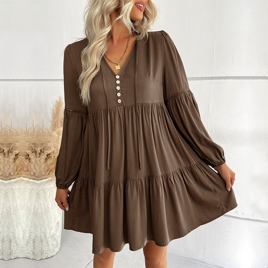 Damen Weiches Stufen-Minikleid mit V-Ausschnitt, Knopfleiste und Ballonärmeln Shop Nory