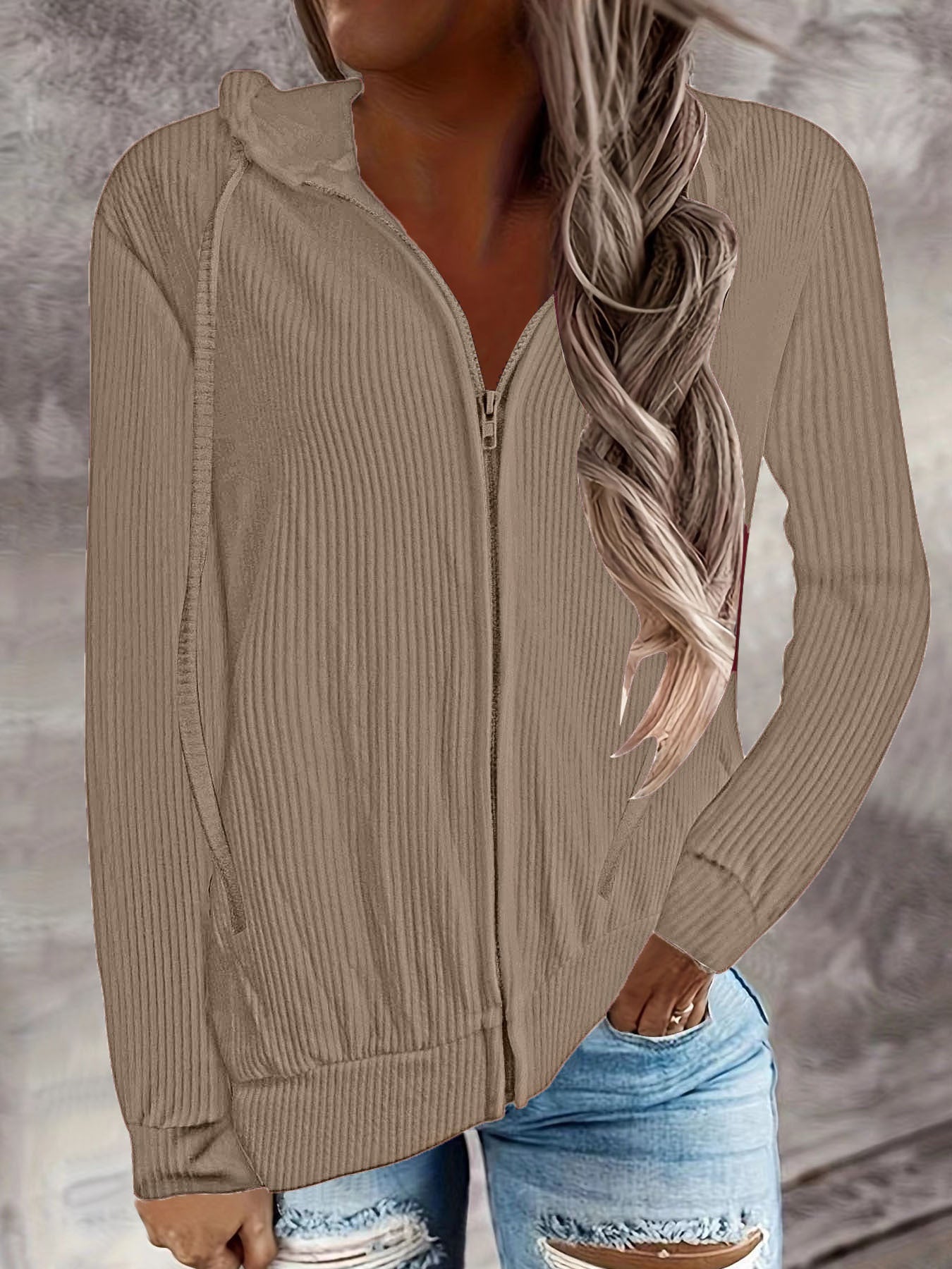 Damen Kapuzenjacke im modernen Rippenstrickdesign mit Taschen